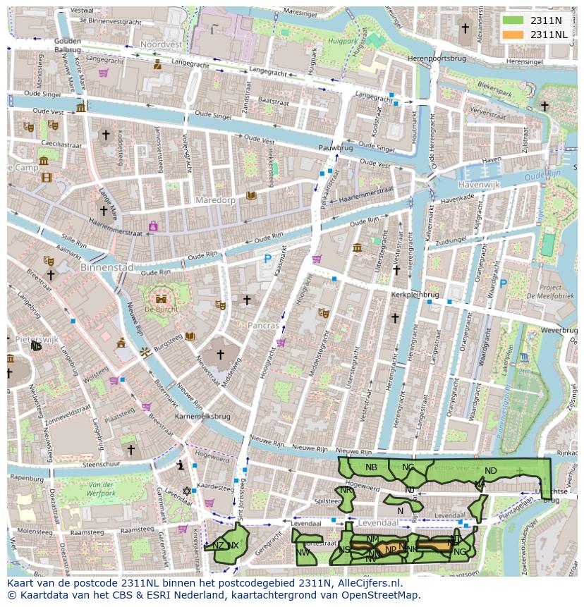 Afbeelding van het postcodegebied 2311 NL op de kaart.