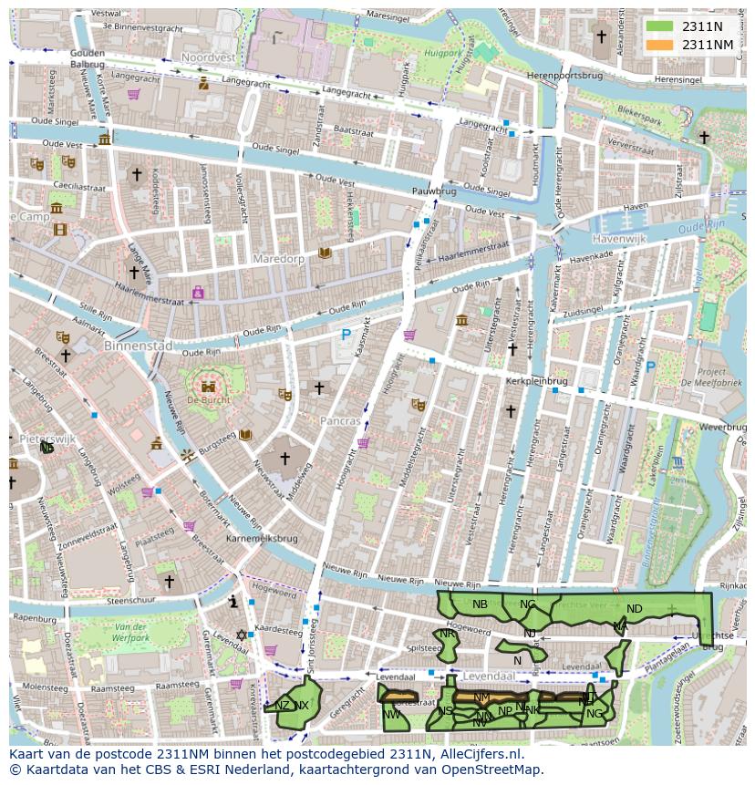 Afbeelding van het postcodegebied 2311 NM op de kaart.