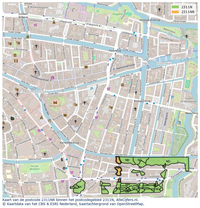 Afbeelding van het postcodegebied 2311 NR op de kaart.