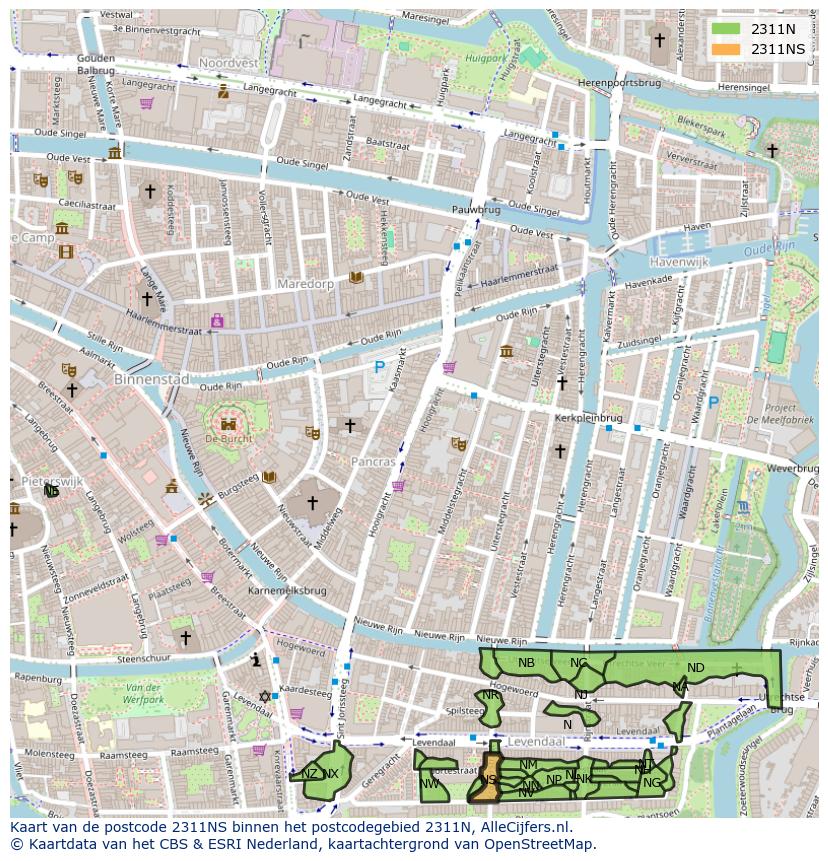 Afbeelding van het postcodegebied 2311 NS op de kaart.