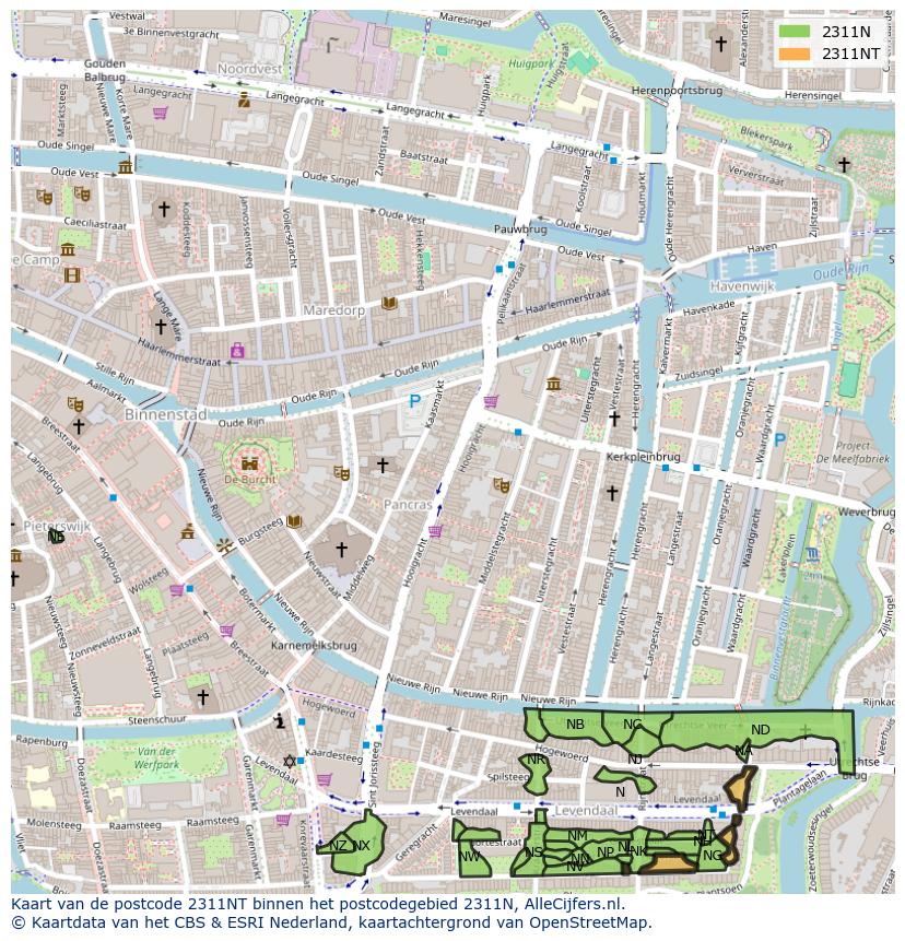 Afbeelding van het postcodegebied 2311 NT op de kaart.