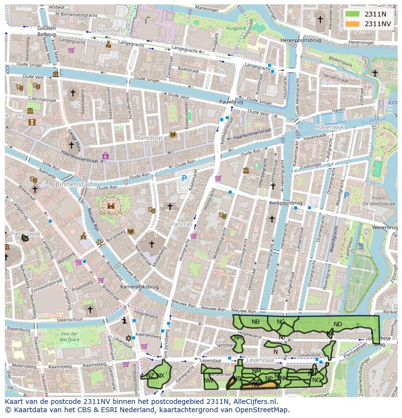 Afbeelding van het postcodegebied 2311 NV op de kaart.