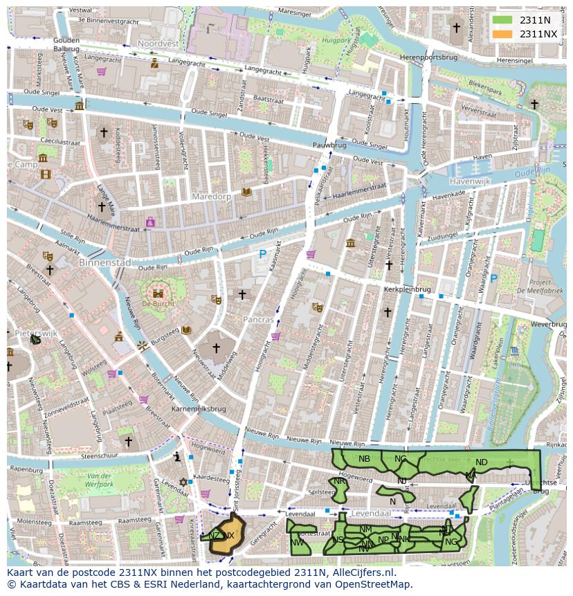 Afbeelding van het postcodegebied 2311 NX op de kaart.