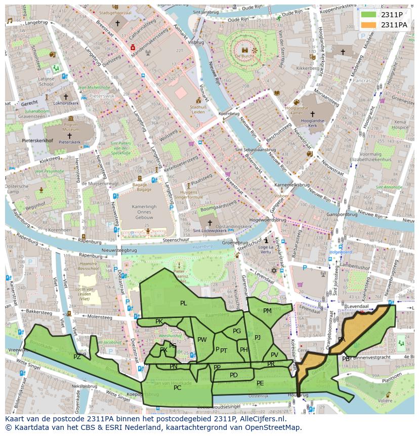 Afbeelding van het postcodegebied 2311 PA op de kaart.