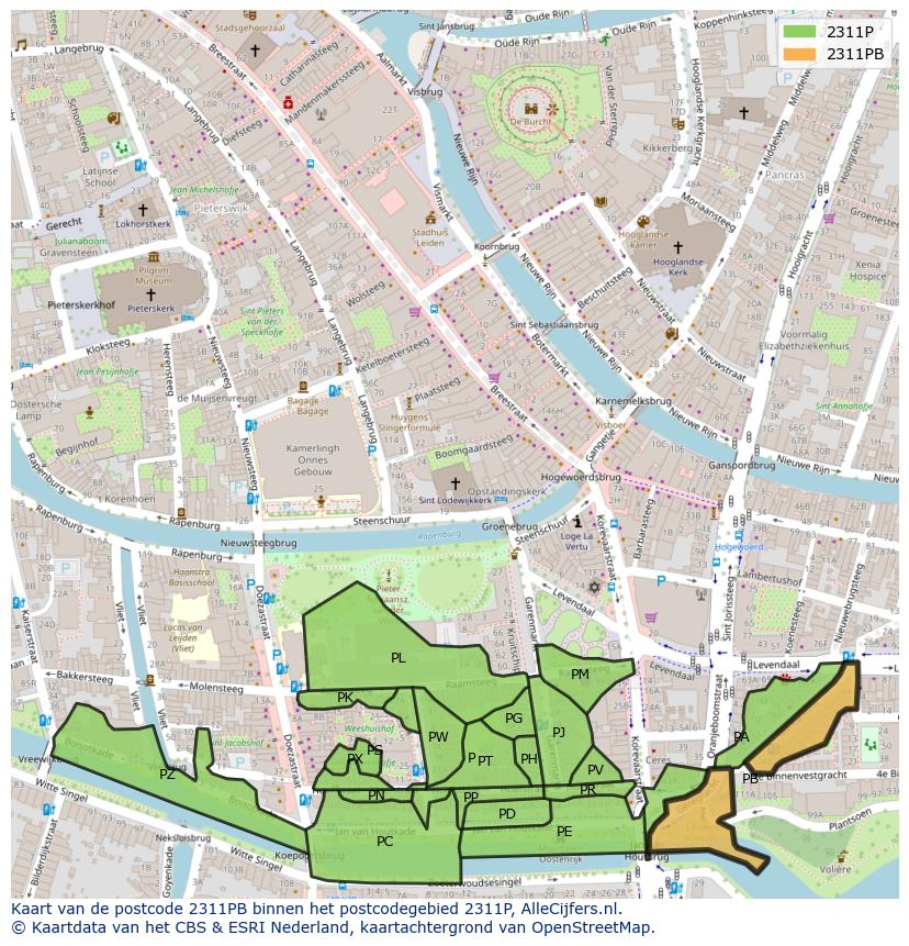 Afbeelding van het postcodegebied 2311 PB op de kaart.