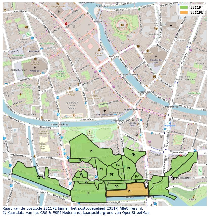 Afbeelding van het postcodegebied 2311 PE op de kaart.