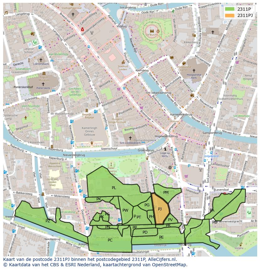 Afbeelding van het postcodegebied 2311 PJ op de kaart.