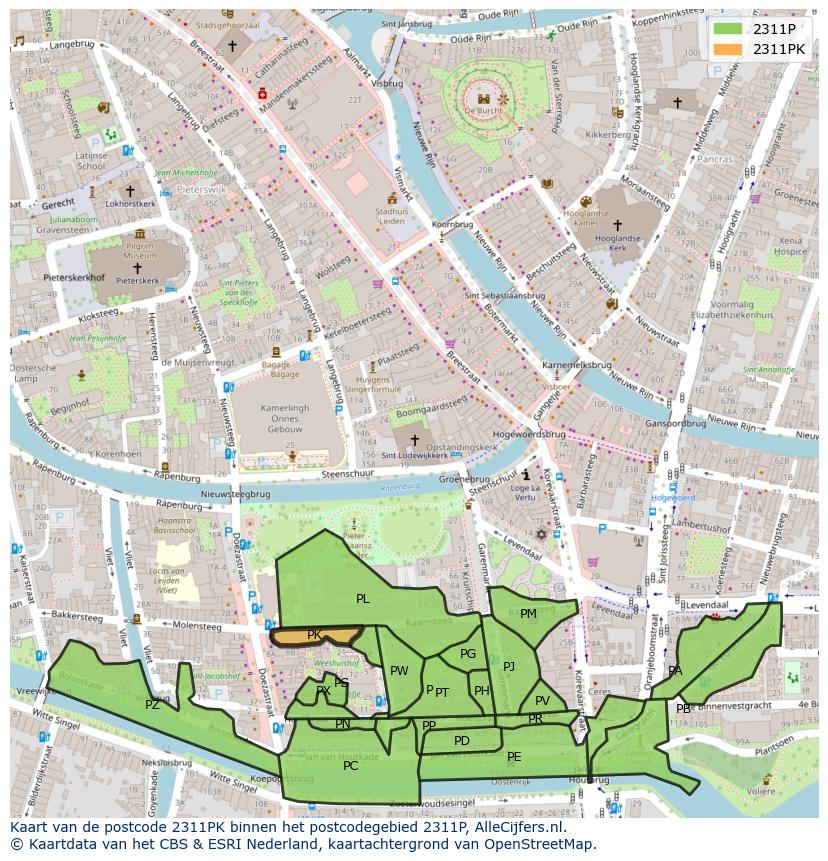 Afbeelding van het postcodegebied 2311 PK op de kaart.