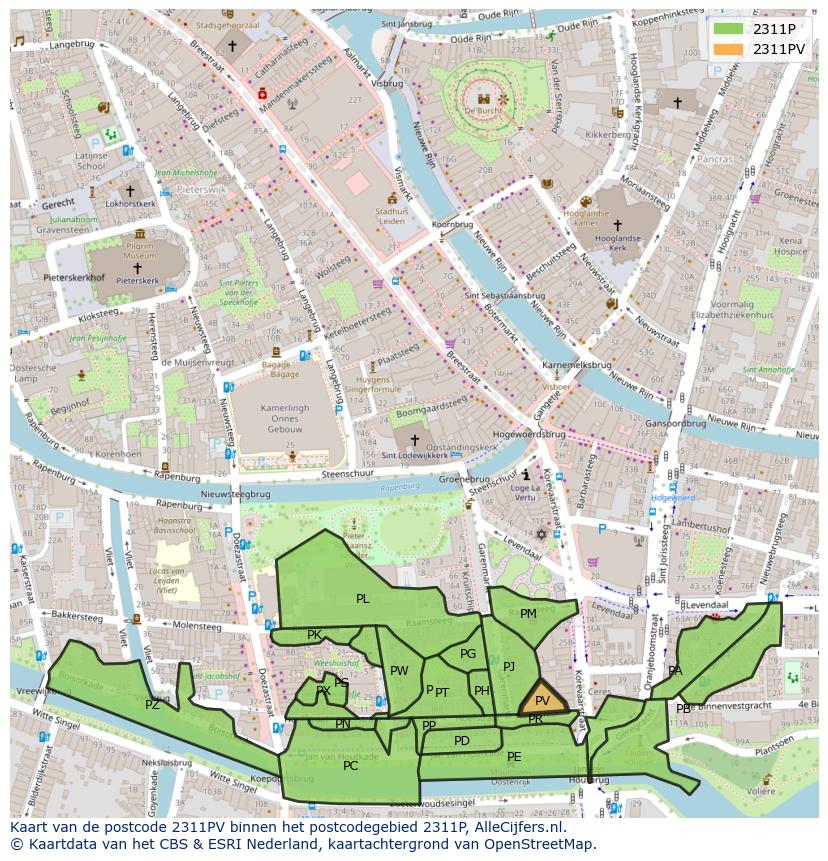 Afbeelding van het postcodegebied 2311 PV op de kaart.