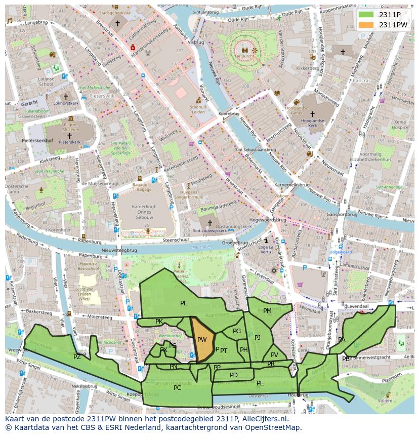 Afbeelding van het postcodegebied 2311 PW op de kaart.