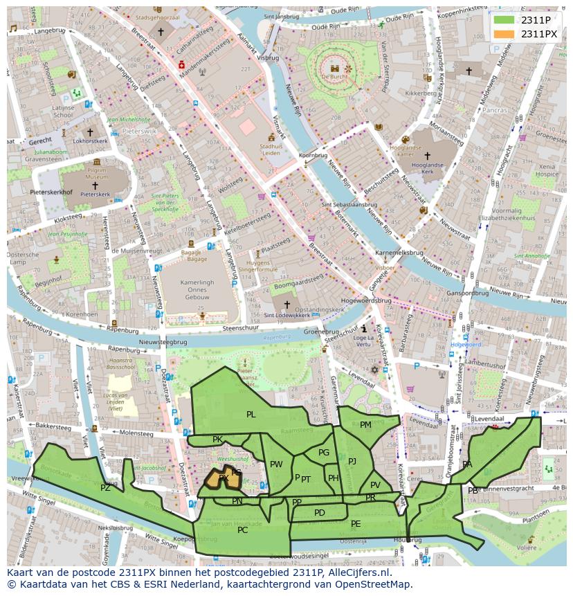 Afbeelding van het postcodegebied 2311 PX op de kaart.