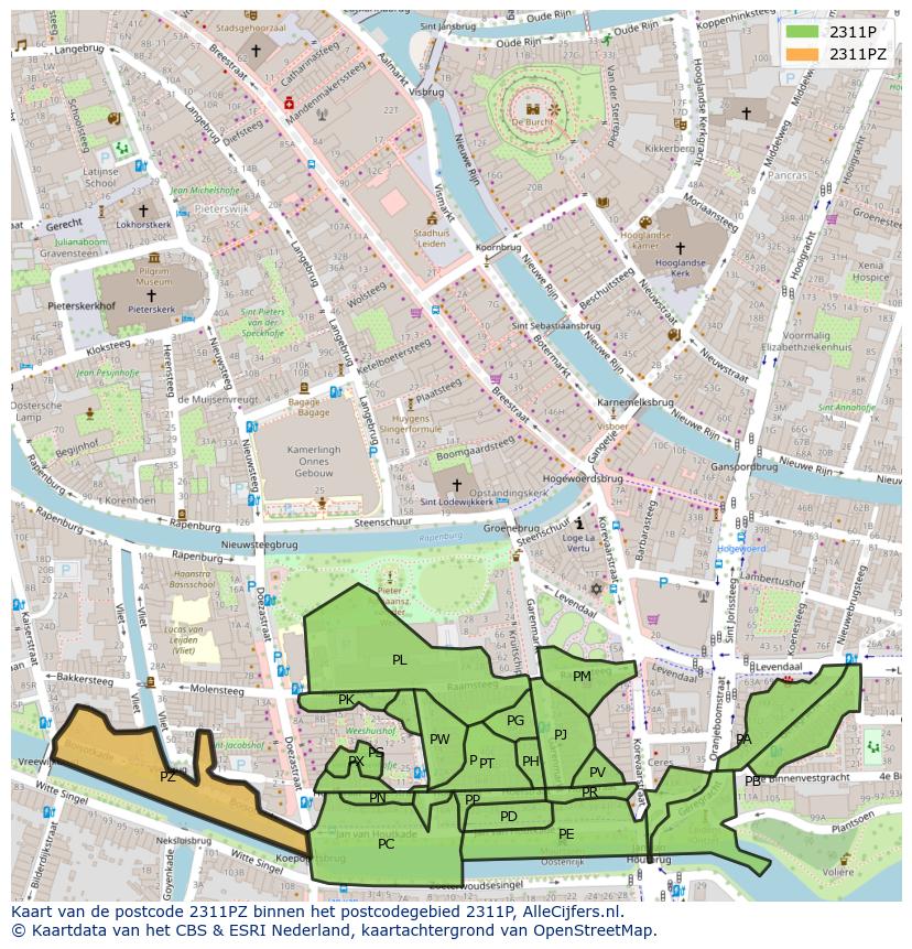 Afbeelding van het postcodegebied 2311 PZ op de kaart.