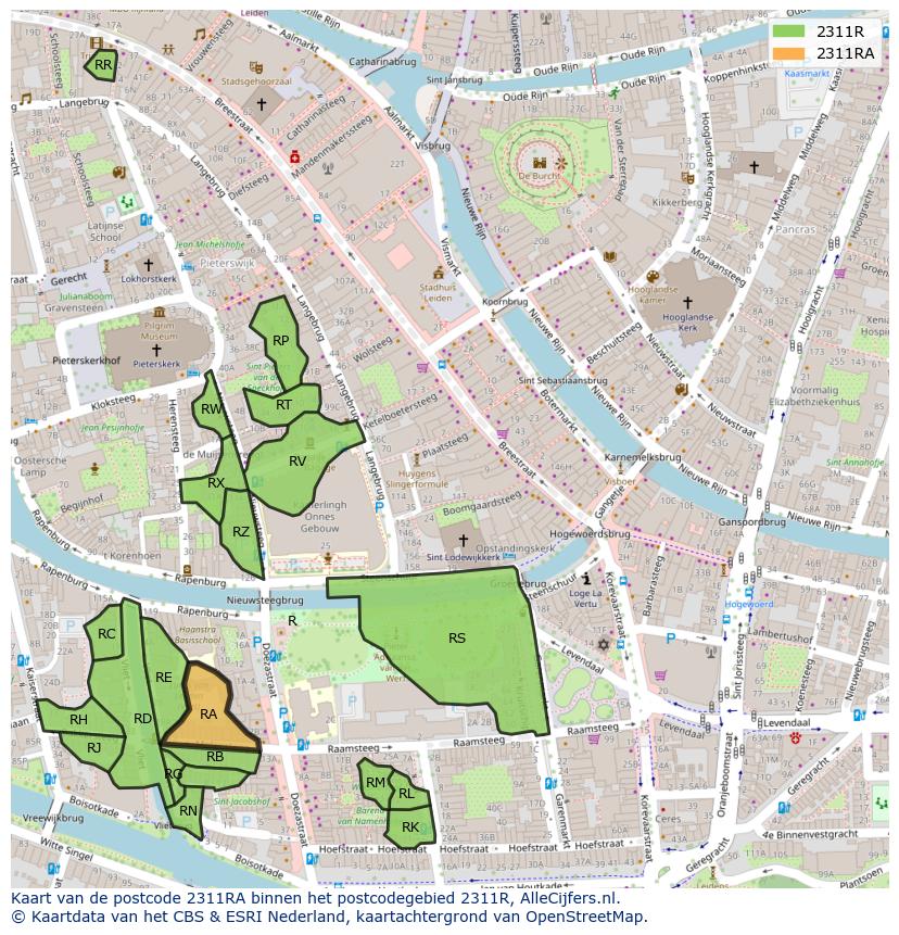 Afbeelding van het postcodegebied 2311 RA op de kaart.