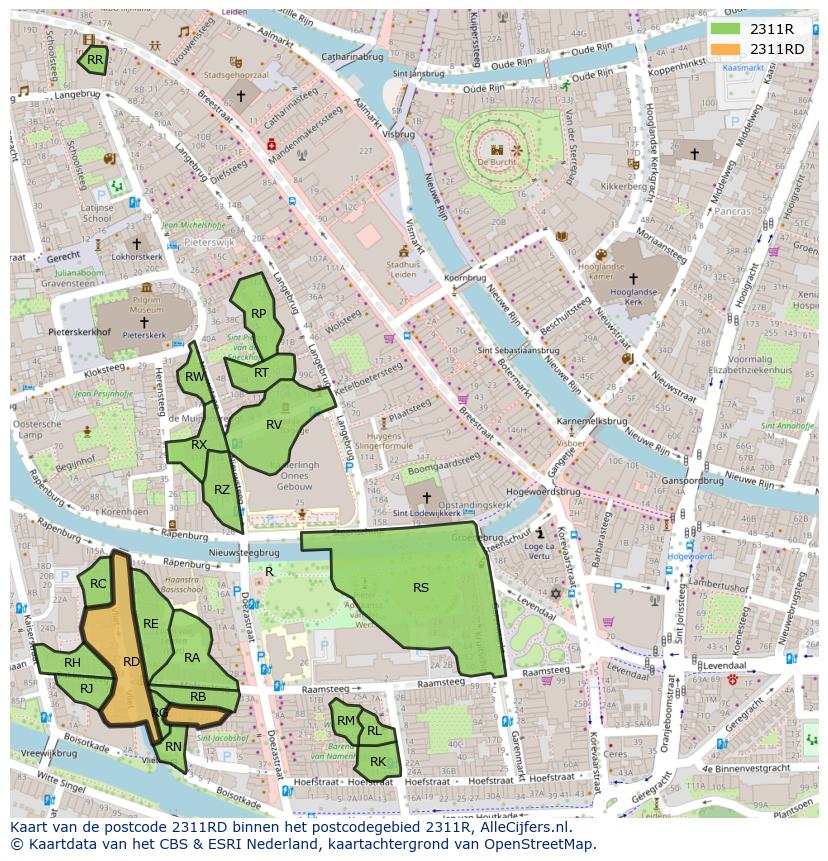 Afbeelding van het postcodegebied 2311 RD op de kaart.