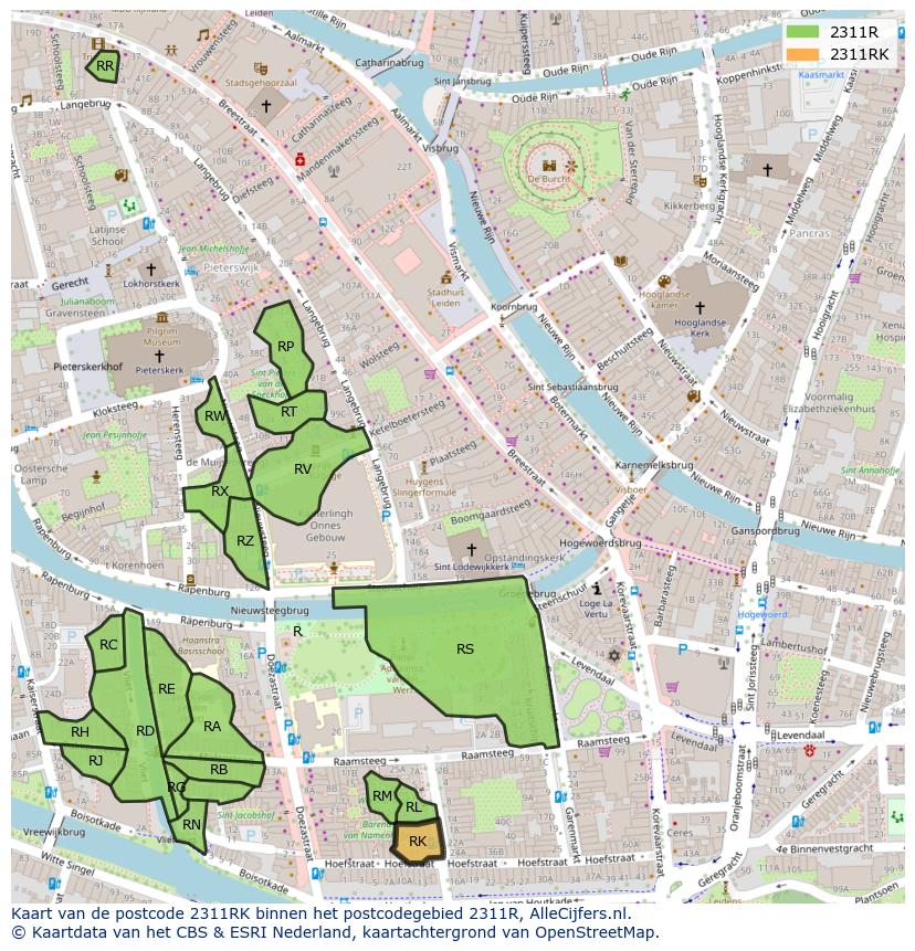 Afbeelding van het postcodegebied 2311 RK op de kaart.