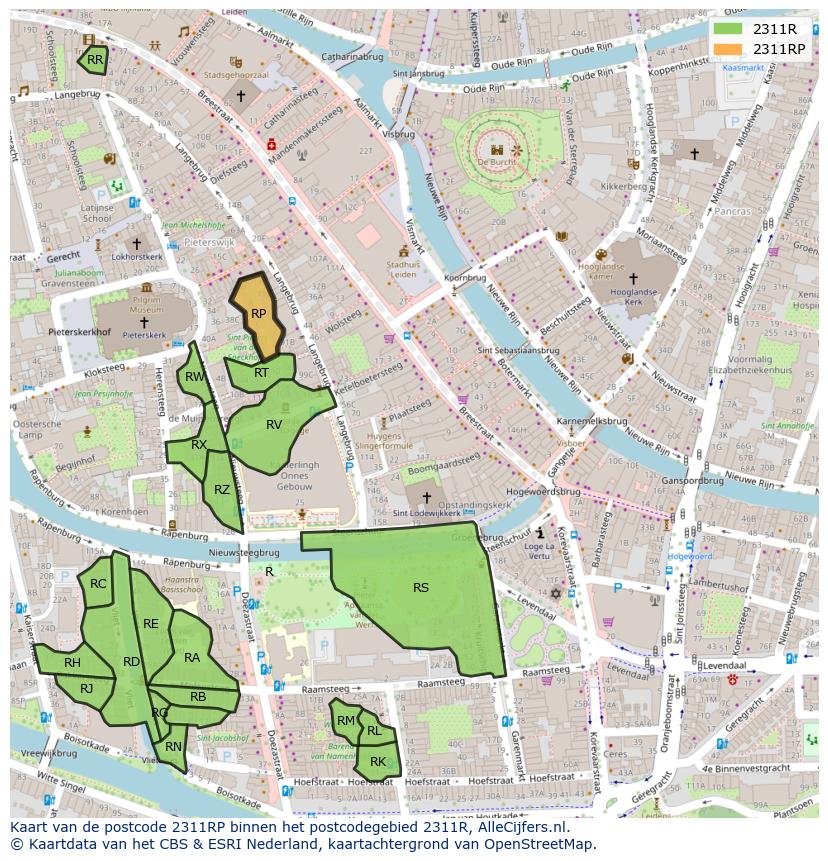 Afbeelding van het postcodegebied 2311 RP op de kaart.