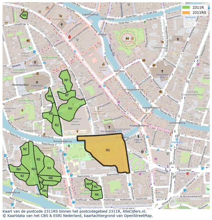 Afbeelding van het postcodegebied 2311 RS op de kaart.