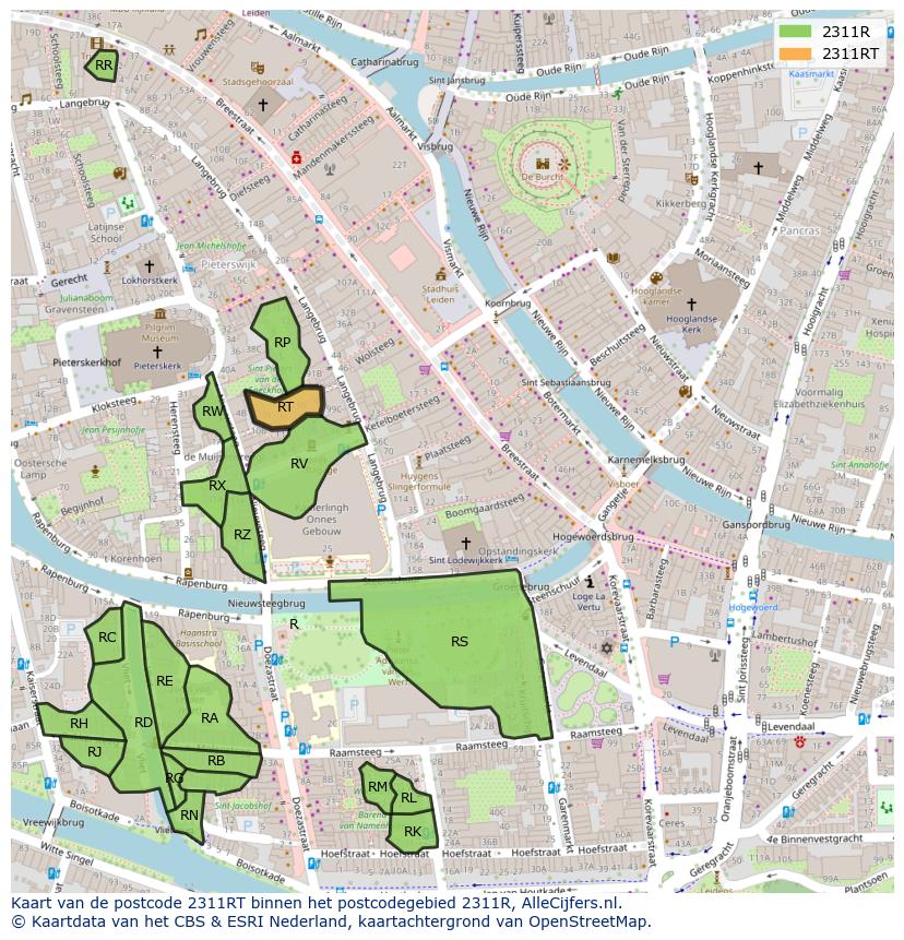 Afbeelding van het postcodegebied 2311 RT op de kaart.