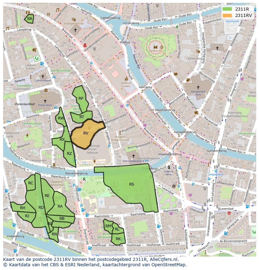 Afbeelding van het postcodegebied 2311 RV op de kaart.