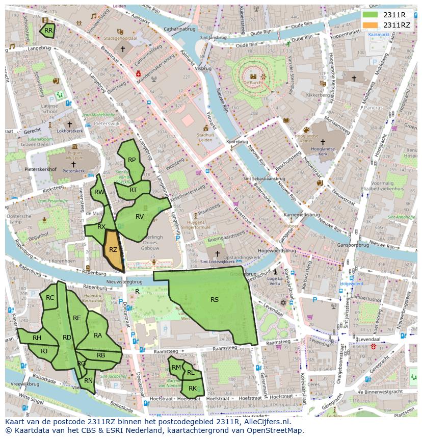 Afbeelding van het postcodegebied 2311 RZ op de kaart.