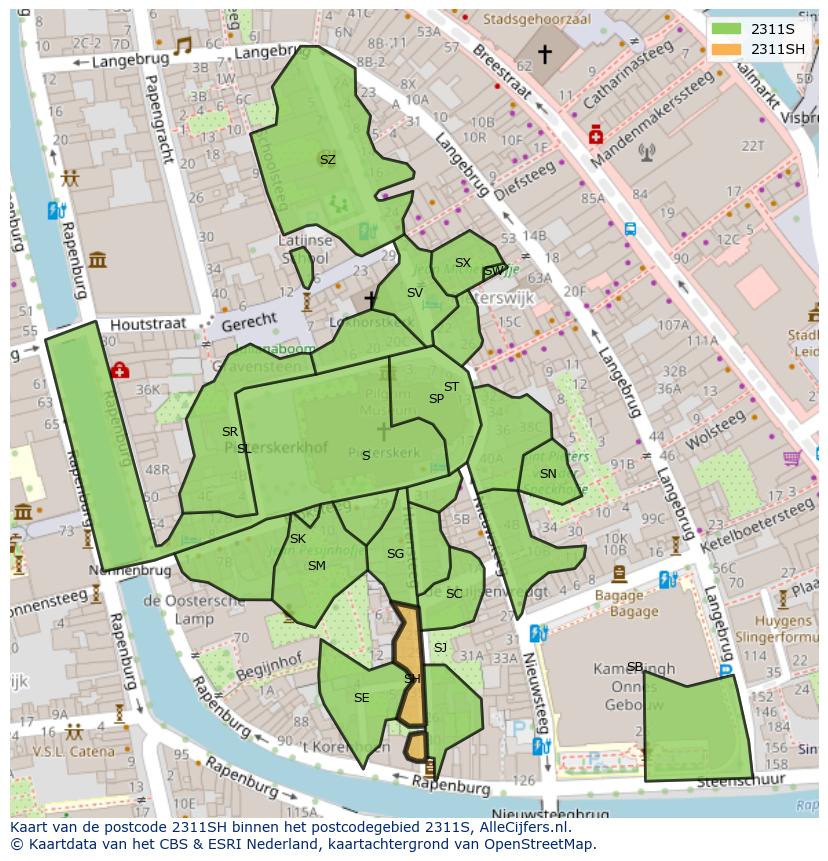 Afbeelding van het postcodegebied 2311 SH op de kaart.