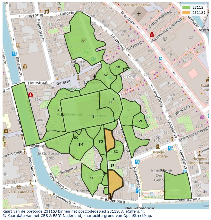 Afbeelding van het postcodegebied 2311 SJ op de kaart.