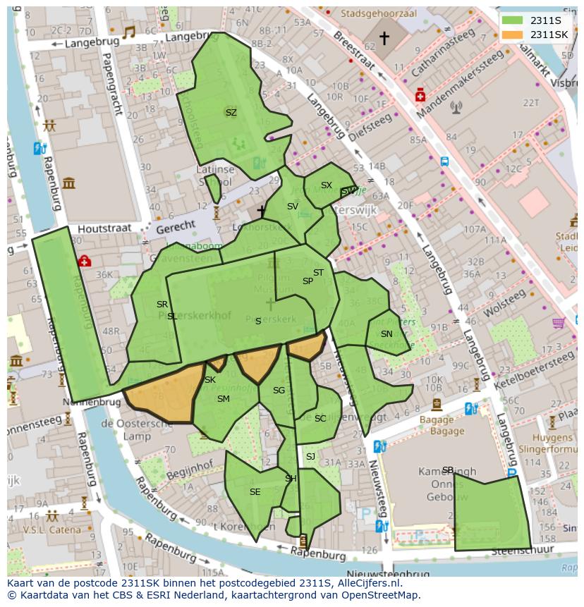 Afbeelding van het postcodegebied 2311 SK op de kaart.
