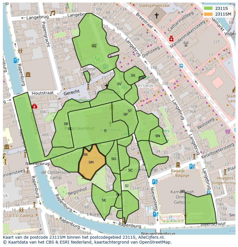 Afbeelding van het postcodegebied 2311 SM op de kaart.