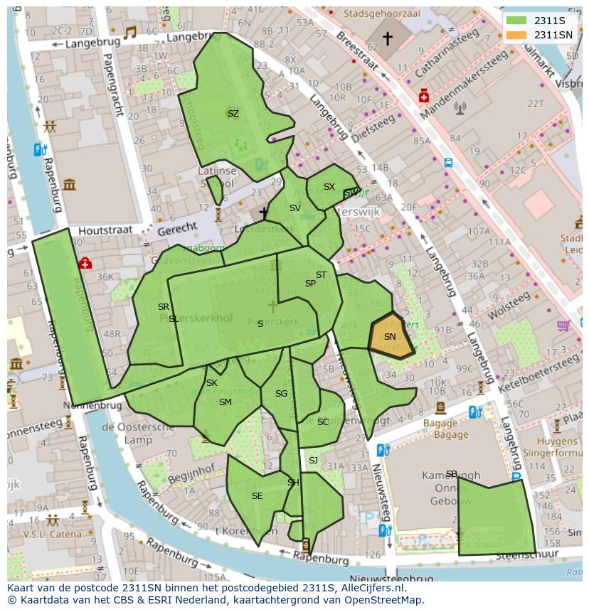 Afbeelding van het postcodegebied 2311 SN op de kaart.