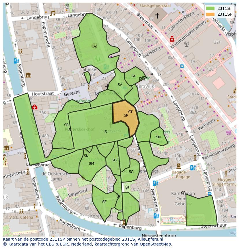 Afbeelding van het postcodegebied 2311 SP op de kaart.