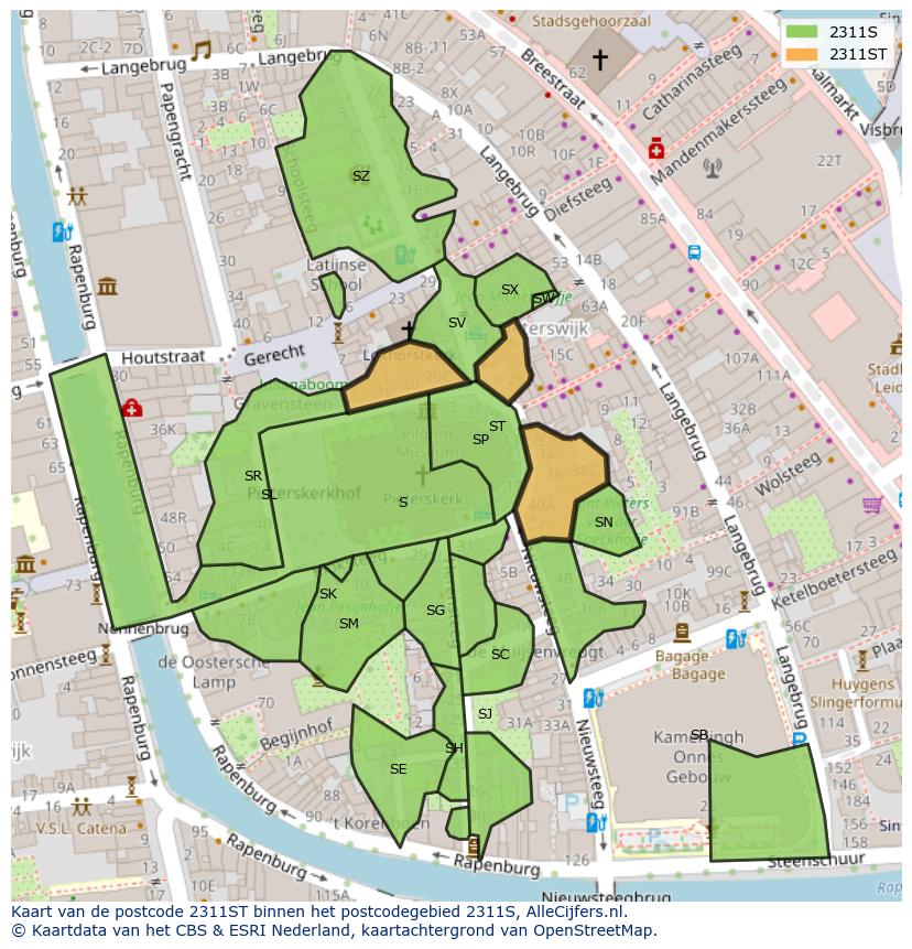 Afbeelding van het postcodegebied 2311 ST op de kaart.