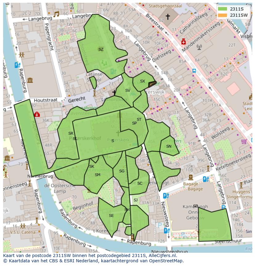 Afbeelding van het postcodegebied 2311 SW op de kaart.