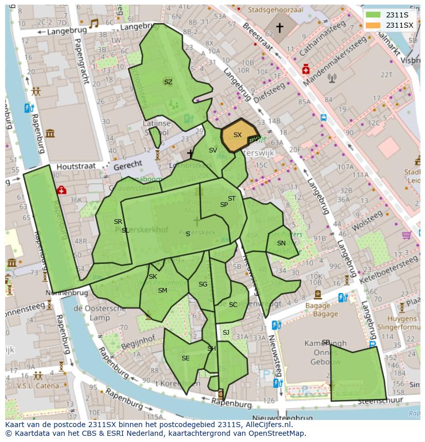 Afbeelding van het postcodegebied 2311 SX op de kaart.