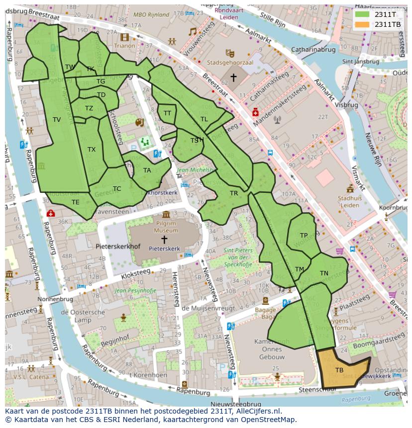 Afbeelding van het postcodegebied 2311 TB op de kaart.