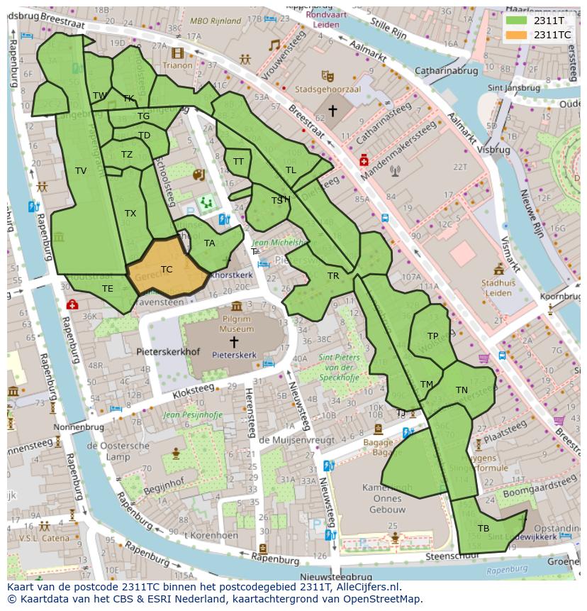 Afbeelding van het postcodegebied 2311 TC op de kaart.