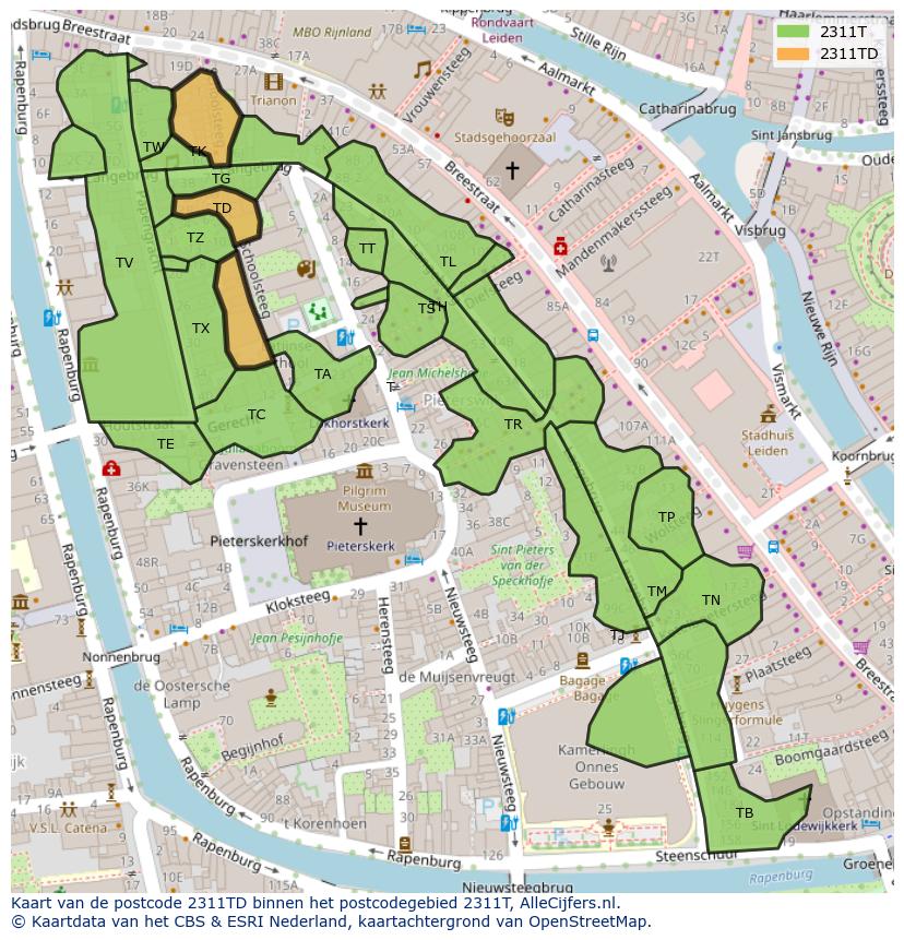 Afbeelding van het postcodegebied 2311 TD op de kaart.