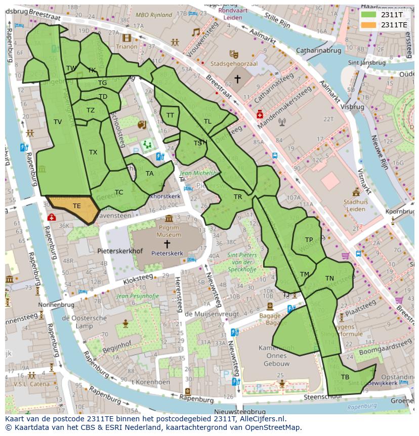 Afbeelding van het postcodegebied 2311 TE op de kaart.