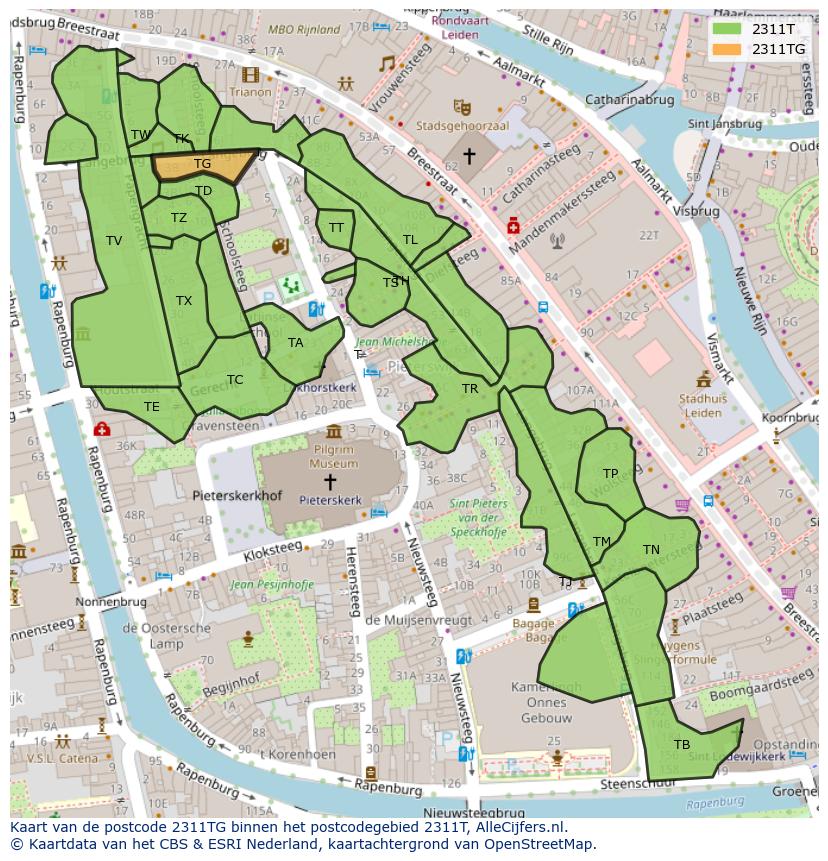 Afbeelding van het postcodegebied 2311 TG op de kaart.