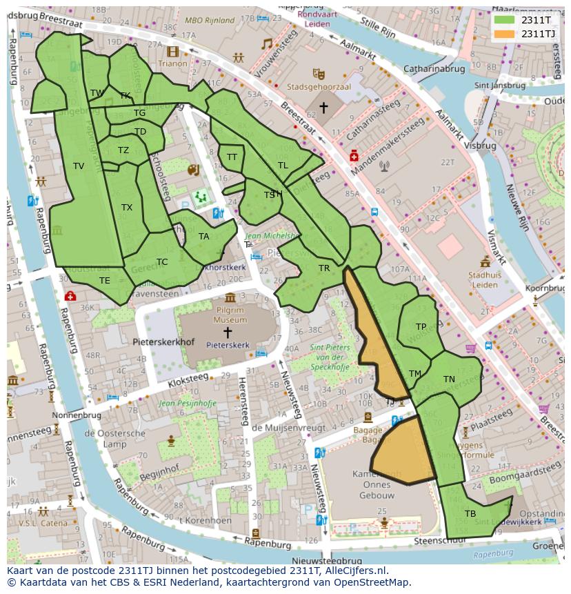 Afbeelding van het postcodegebied 2311 TJ op de kaart.
