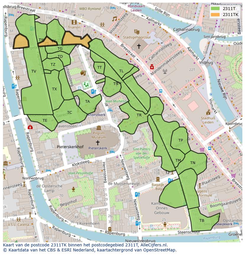 Afbeelding van het postcodegebied 2311 TK op de kaart.