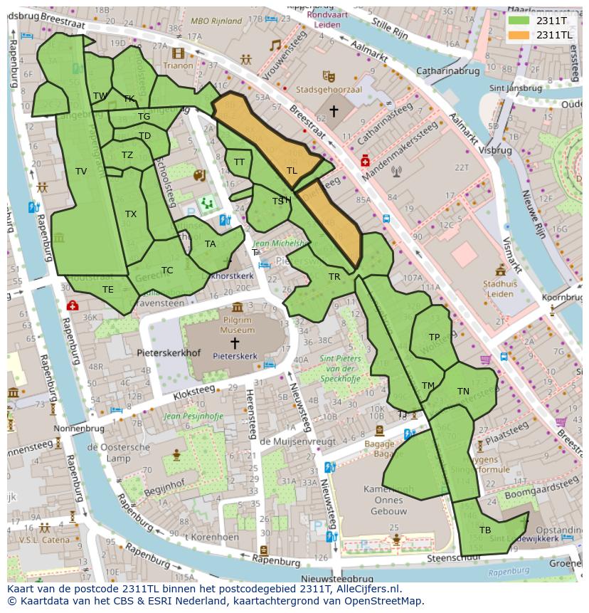 Afbeelding van het postcodegebied 2311 TL op de kaart.