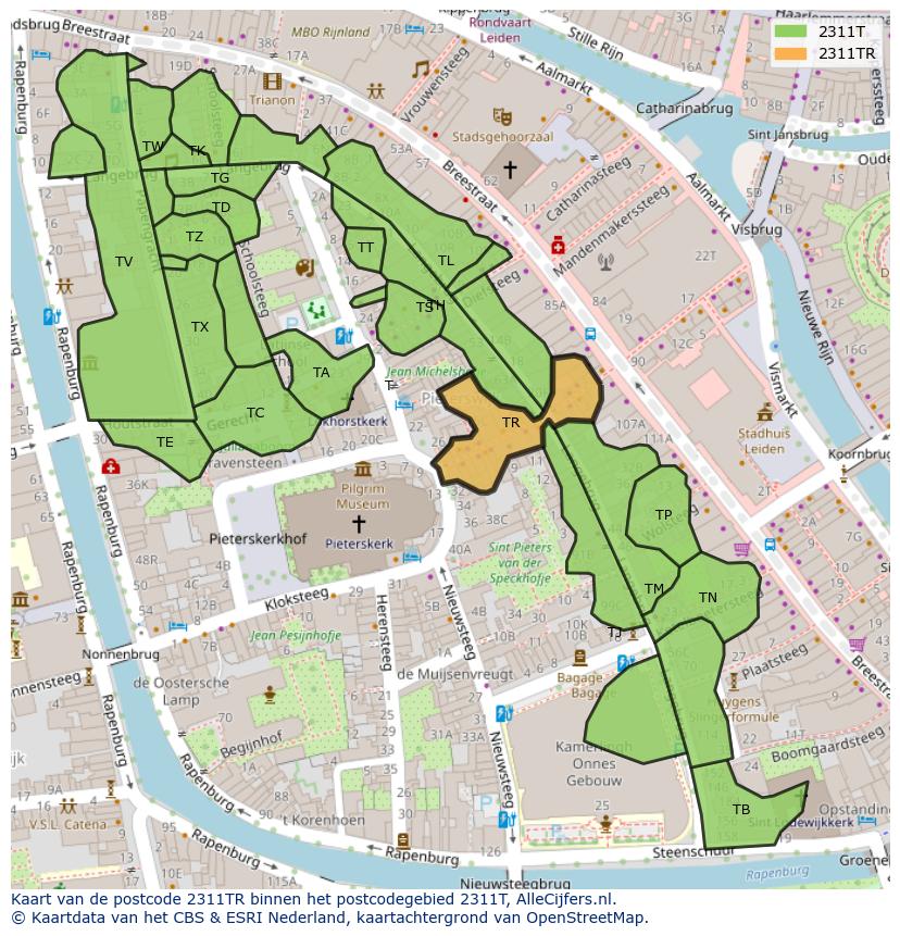 Afbeelding van het postcodegebied 2311 TR op de kaart.