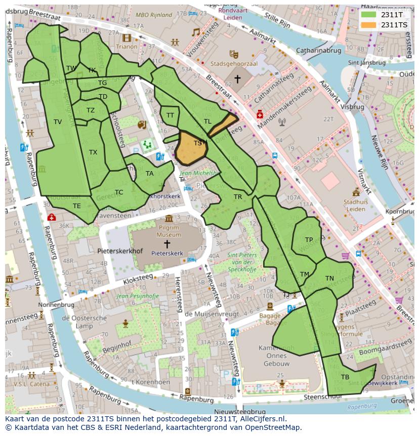 Afbeelding van het postcodegebied 2311 TS op de kaart.