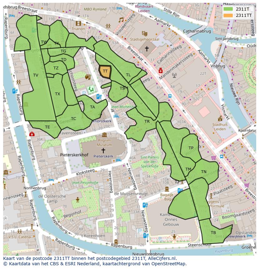 Afbeelding van het postcodegebied 2311 TT op de kaart.