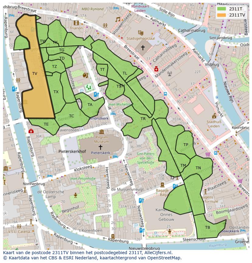Afbeelding van het postcodegebied 2311 TV op de kaart.