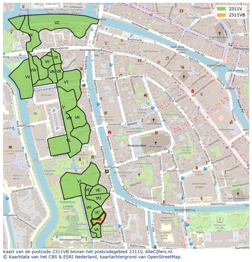 Afbeelding van het postcodegebied 2311 VB op de kaart.