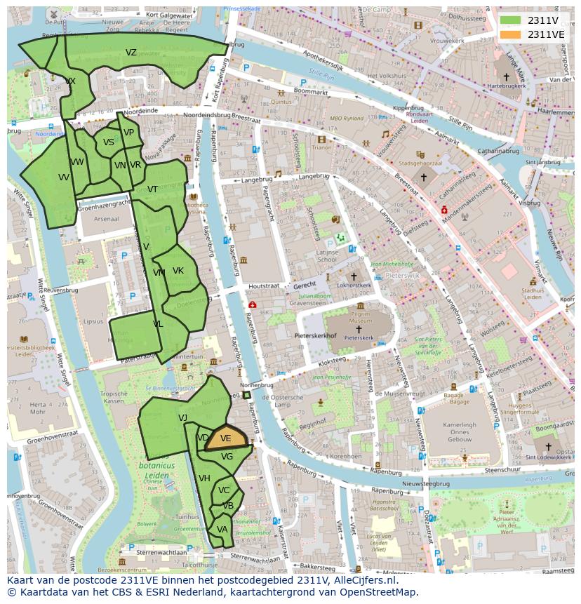Afbeelding van het postcodegebied 2311 VE op de kaart.