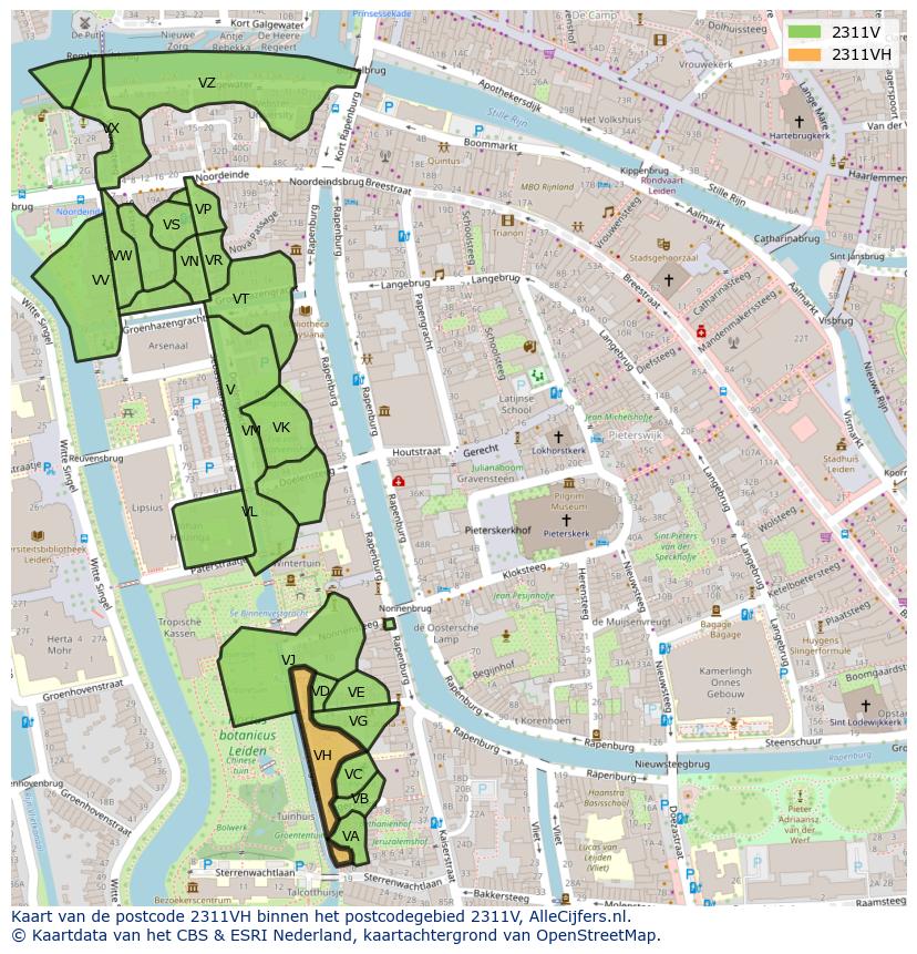 Afbeelding van het postcodegebied 2311 VH op de kaart.