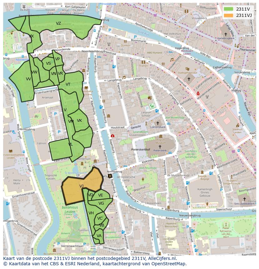 Afbeelding van het postcodegebied 2311 VJ op de kaart.