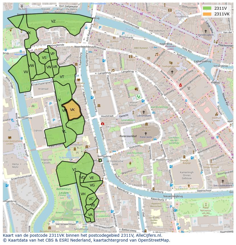Afbeelding van het postcodegebied 2311 VK op de kaart.